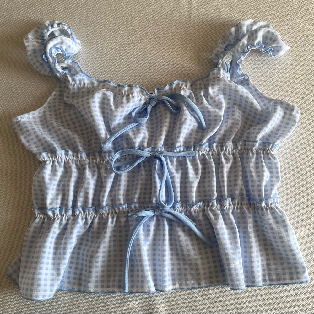 Sugar Kiss Light Blue Gingham Ruffle Tie-Front Crop Top Size XL